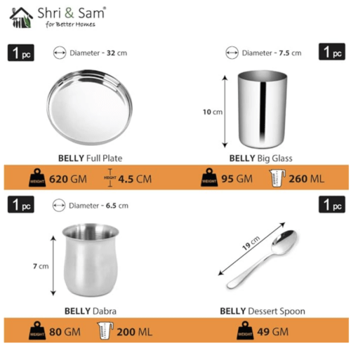 Shri & Sam Stainless Steel Belly Thali Set of 1 People, 8 Pieces - Image 4
